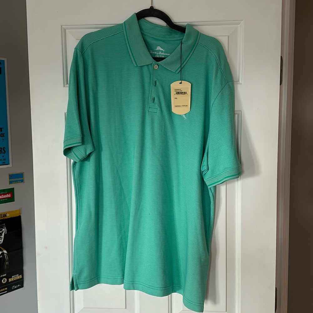 Men’s Tommy Bahama XXL Polo shirt color Aqua Aloha.  NWT. Aqua with stripes.